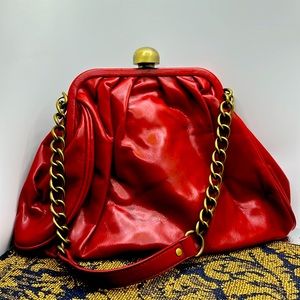 Funky Retro Vintage Red Vinyl Purse with Gold Toned Heavy duty Chain Handles